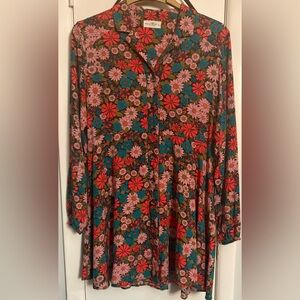 NATURAL LIFE Floral Long Sleeve Dress - Red, Pink, Green